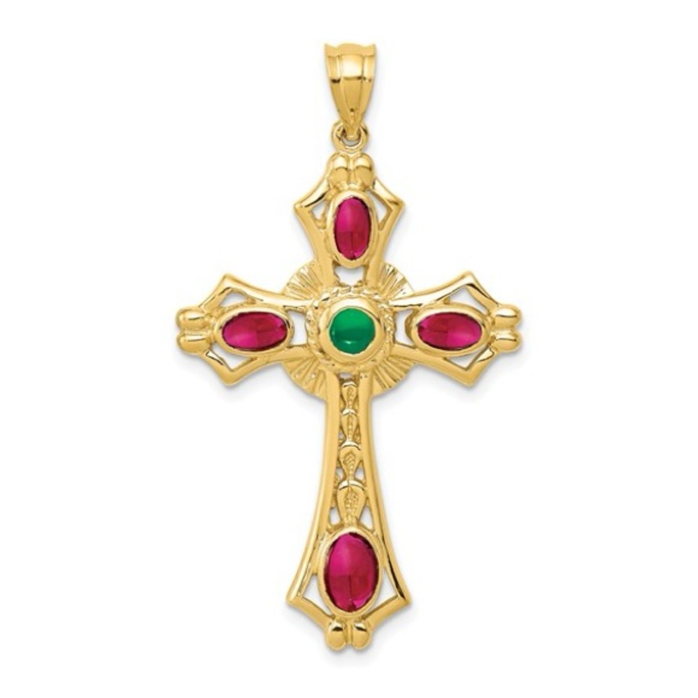 Vintage  14k Yellow Gold Cross with Rubies and Emerald